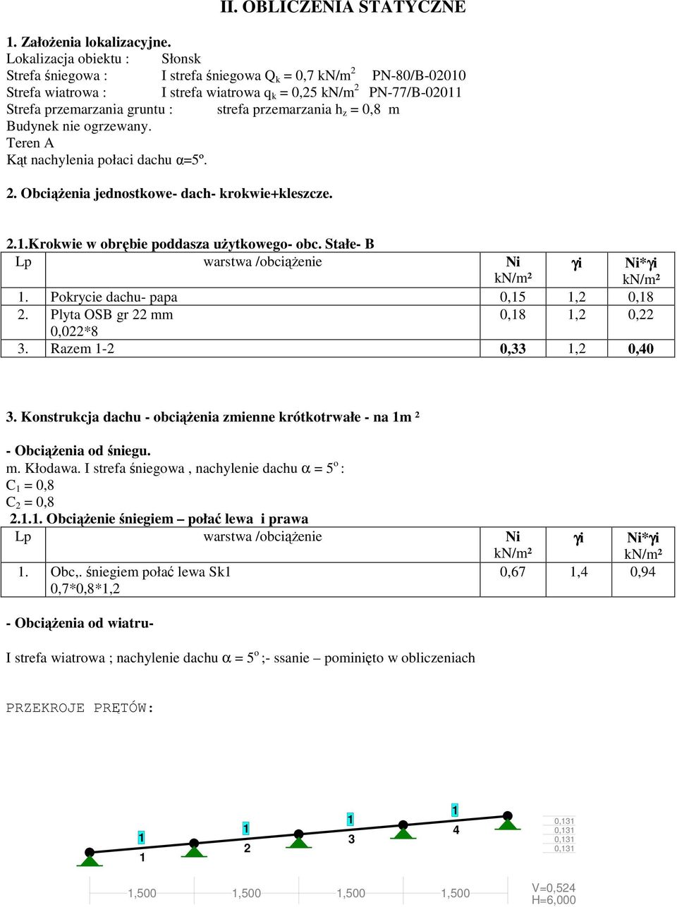 przemarzania h z = 0,8 m Buynek nie ogrzewany. Teren A Kąt nachylenia połaci achu α=5º.. Obciążenia jenostkowe- ach- krokwie+kleszcze...krokwie w obrębie poasza użytkowego- obc.