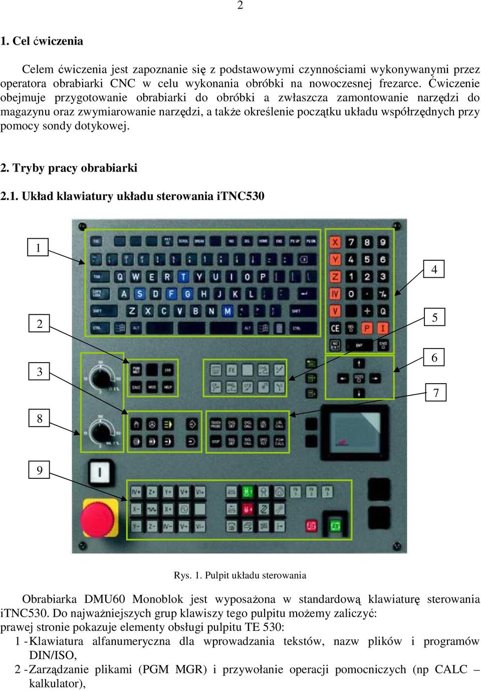 dotykowej. 2. Tryby pracy obrabiarki 2.1. Układ klawiatury układu sterowania itnc530 1 4 2 5 3 6 7 8 9 Rys. 1. Pulpit układu sterowania Obrabiarka DMU60 Monoblok jest wyposaŝona w standardową klawiaturę sterowania itnc530.