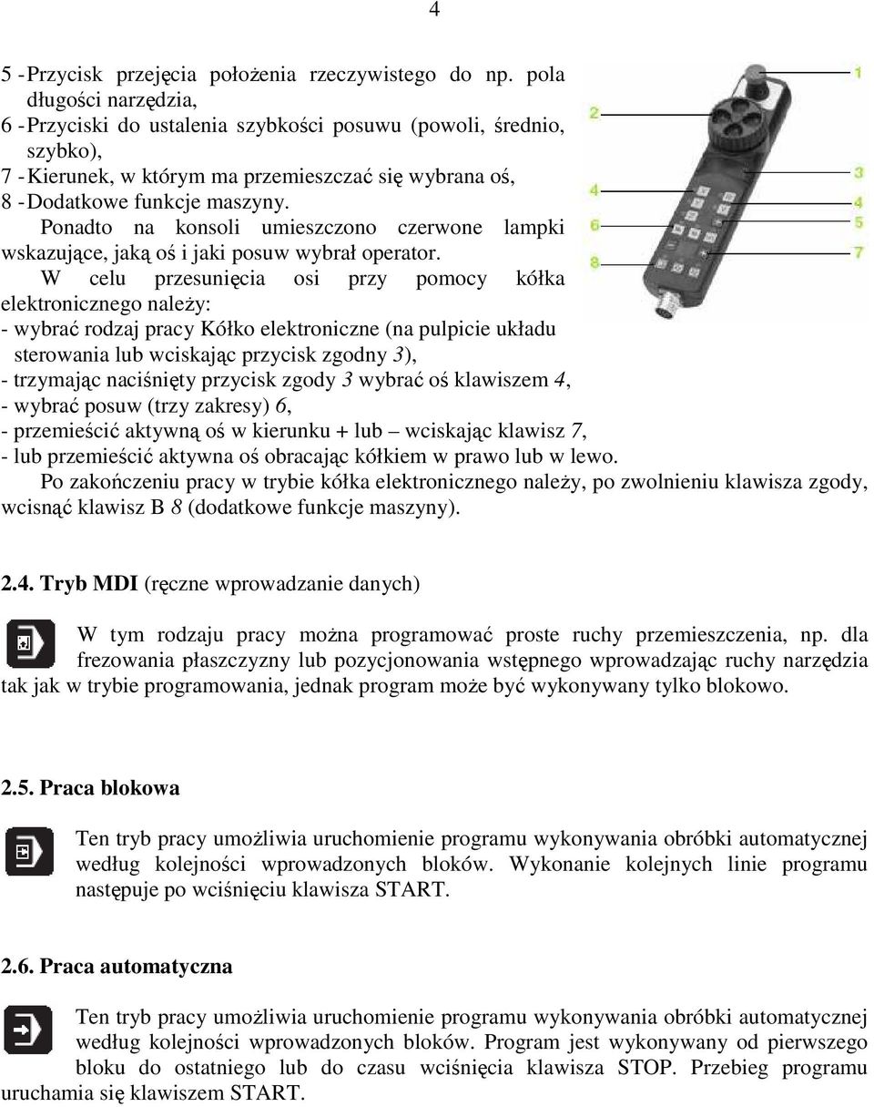 Ponadto na konsoli umieszczono czerwone lampki wskazujące, jaką oś i jaki posuw wybrał operator.