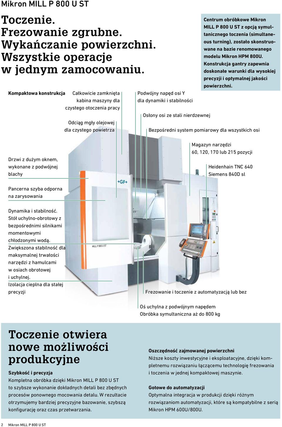 nierdzewnej Centrum obróbkowe Mikron MILL P 800 U ST z opcją symultanicznego toczenia (simultaneous turning), zostało skonstruowane na bazie renomowanego modelu Mikron HPM 800U.