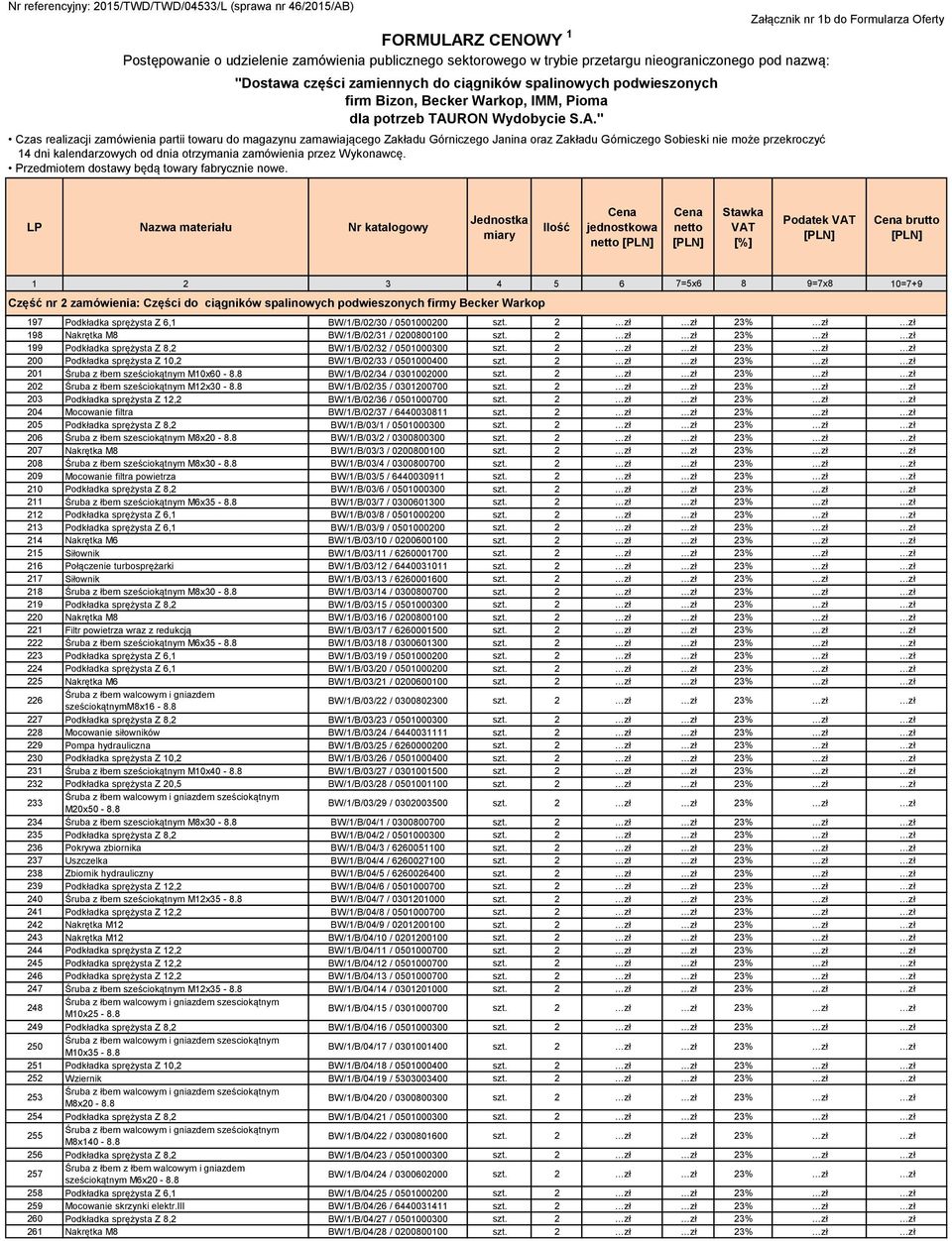 2 zł zł 23% zł zł 201 Śruba z łbem sześciokątnym M10x60-8.8 BW/1/B/02/34 / 0301002000 szt. 2 zł zł 23% zł zł 202 Śruba z łbem sześciokątnym M12x30-8.8 BW/1/B/02/35 / 0301200700 szt.