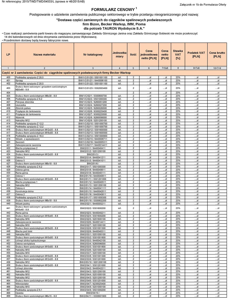 2 zł zł 23% zł zł 404 2 zł zł 23% zł zł 405 Śruba z łbem sześciokątnym M8x30-8.8 BW/1/C/02/1 / 0300800700 szt. 2 zł zł 23% zł zł 406 Podkładka sprężysta Z 8,2 BW/1/C/02/2 / 0501000300 szt.
