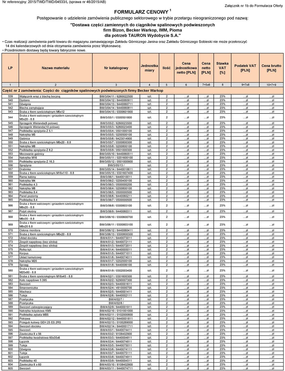 2 zł zł 23% zł zł 544 Śruba z łbem walcowym i gniazdem szesciokątnym M5x20-8.8 BW/3/05/1 / 0300501800 szt. 2 zł zł 23% zł zł 545 Sprzęgnik Wielanda(6 polowe) BW/3/05/2 / 6260023500 szt.