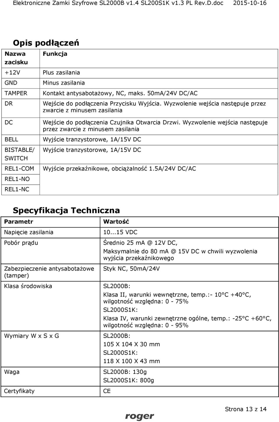 Wyzwolenie wejścia następuje przez zwarcie z minusem zasilania Wyjście tranzystorowe, 1A/15V DC Wyjście tranzystorowe, 1A/15V DC Wyjście przekaźnikowe, obciążalność 1.