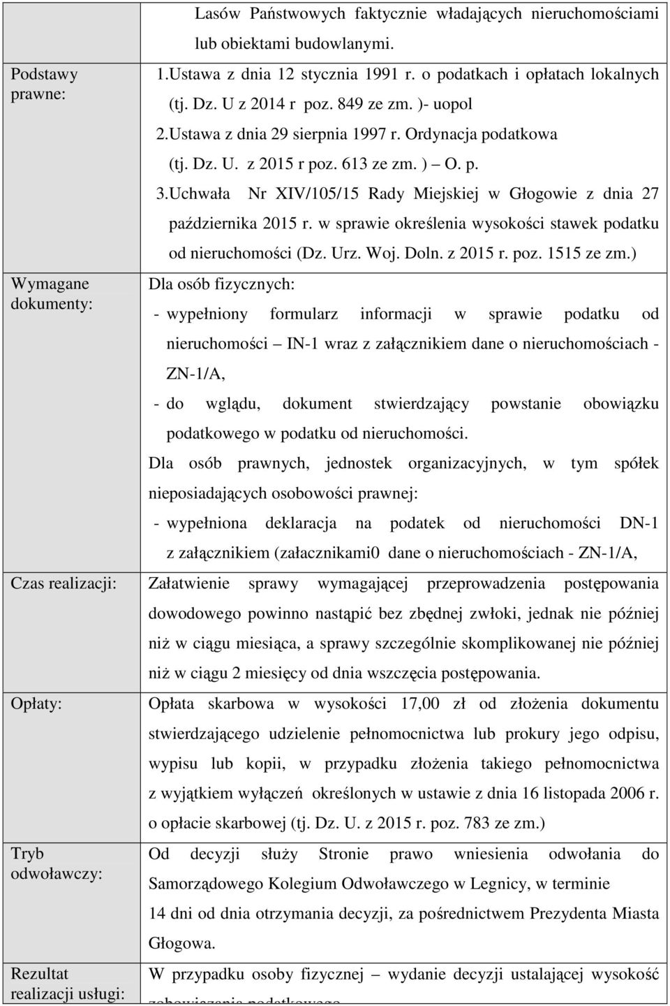 Uchwała Nr XIV/105/15 Rady Miejskiej w Głogowie z dnia 27 października 2015 r. w sprawie określenia wysokości stawek podatku od nieruchomości (Dz. Urz. Woj. Doln. z 2015 r. poz. 1515 ze zm.