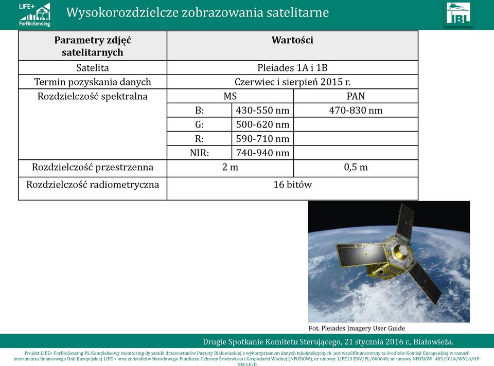 Rozdzielczość spektralna MS PAN B: 430-550 nm 470-830 nm G: 500-620 nm R: 590-710 nm NIR: