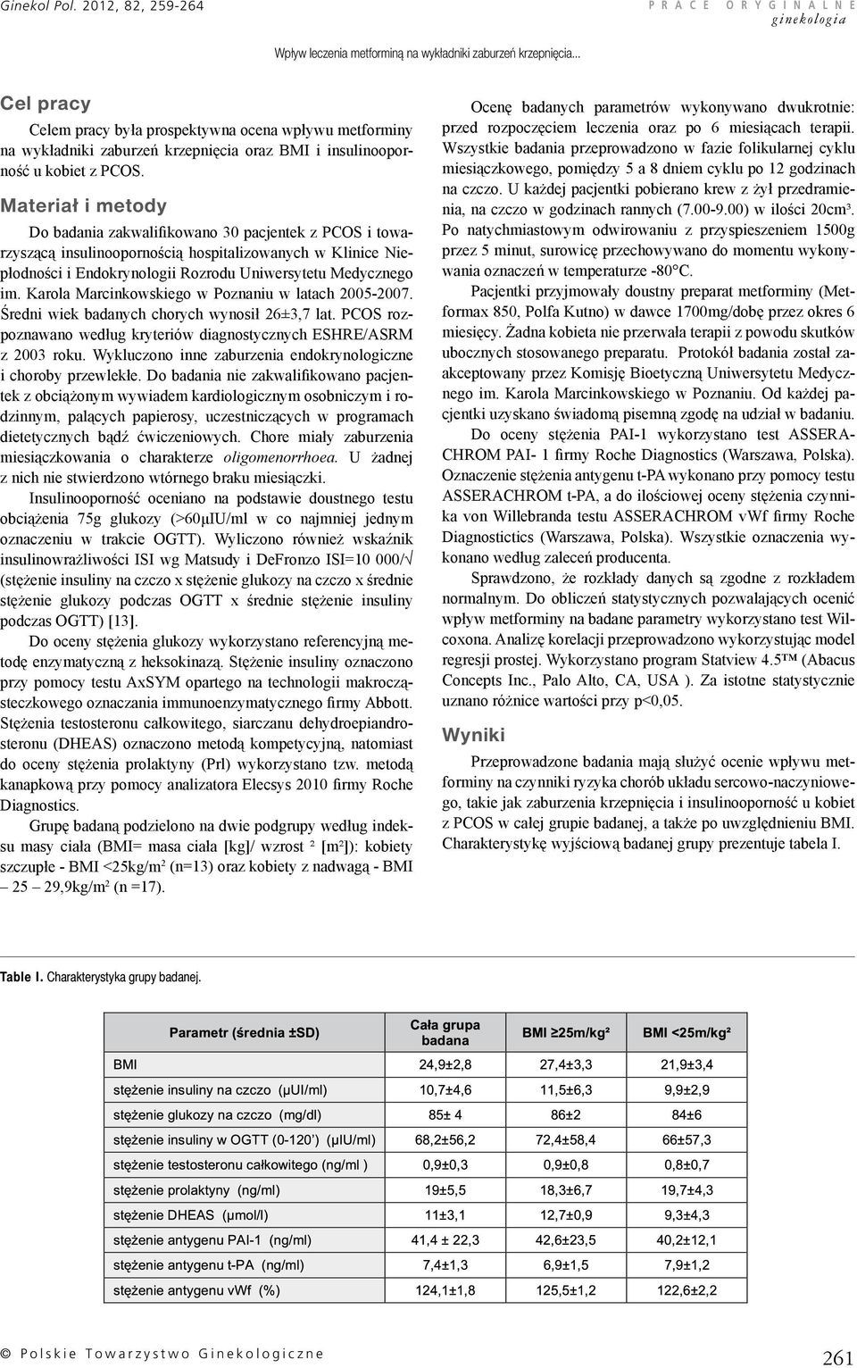 Materiał i metody Do badania zakwalifikowano 30 pacjentek z PCOS i towarzyszącą insulinoopornością hospitalizowanych w Klinice Niepłodności i Endokrynologii Rozrodu Uniwersytetu Medycznego im.