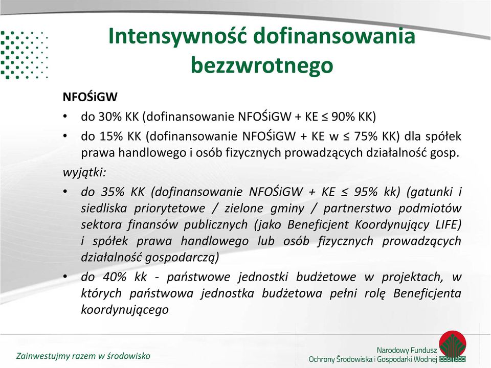 wyjątki: do 35% KK (dofinansowanie NFOŚiGW + KE 95% kk) (gatunki i siedliska priorytetowe / zielone gminy / partnerstwo podmiotów sektora finansów publicznych