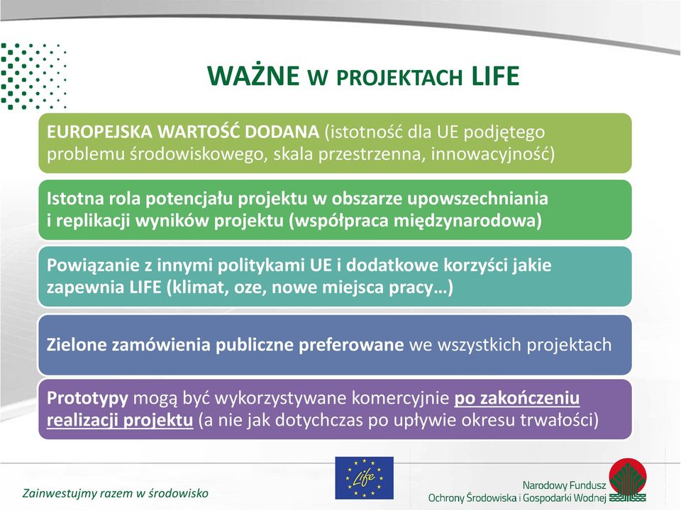 politykami UE i dodatkowe korzyści jakie zapewnia LIFE (klimat, oze, nowe miejsca pracy ) Zielone zamówienia publiczne preferowane we