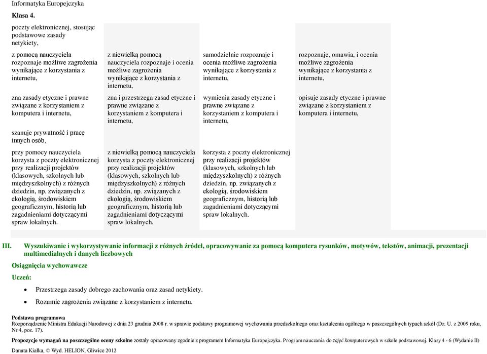 zagrożenia wynikające z korzystania z internetu, zna zasady etyczne i prawne związane z korzystaniem z komputera i internetu, zna i przestrzega zasad etyczne i prawne związane z korzystaniem z