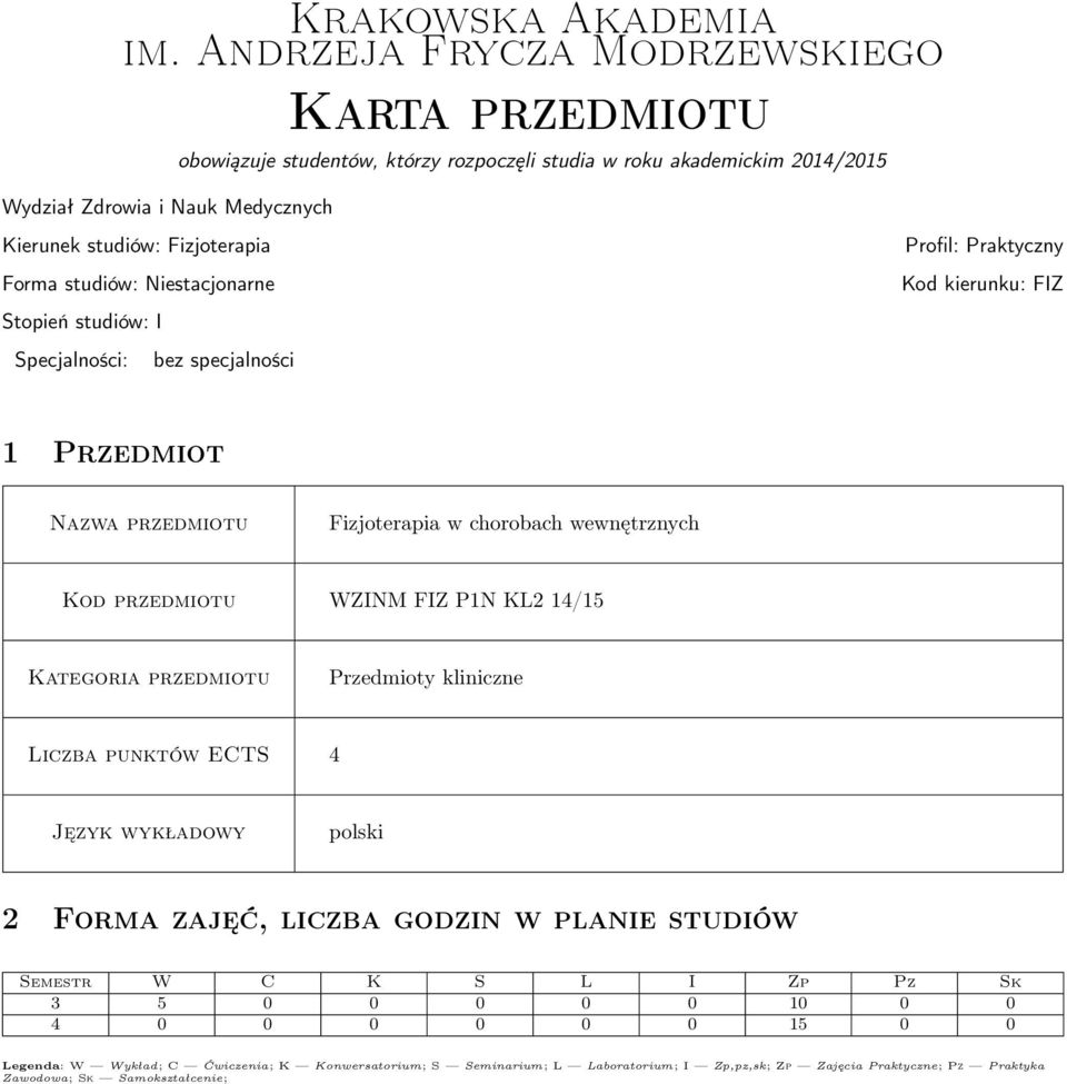 studiów: Niestacjonarne Stopień studiów: I Specjalności: bez specjalności Profil: Praktyczny Kod kierunku: FIZ 1 Przedmiot Nazwa przedmiotu Fizjoterapia w chorobach wewnętrznych Kod przedmiotu