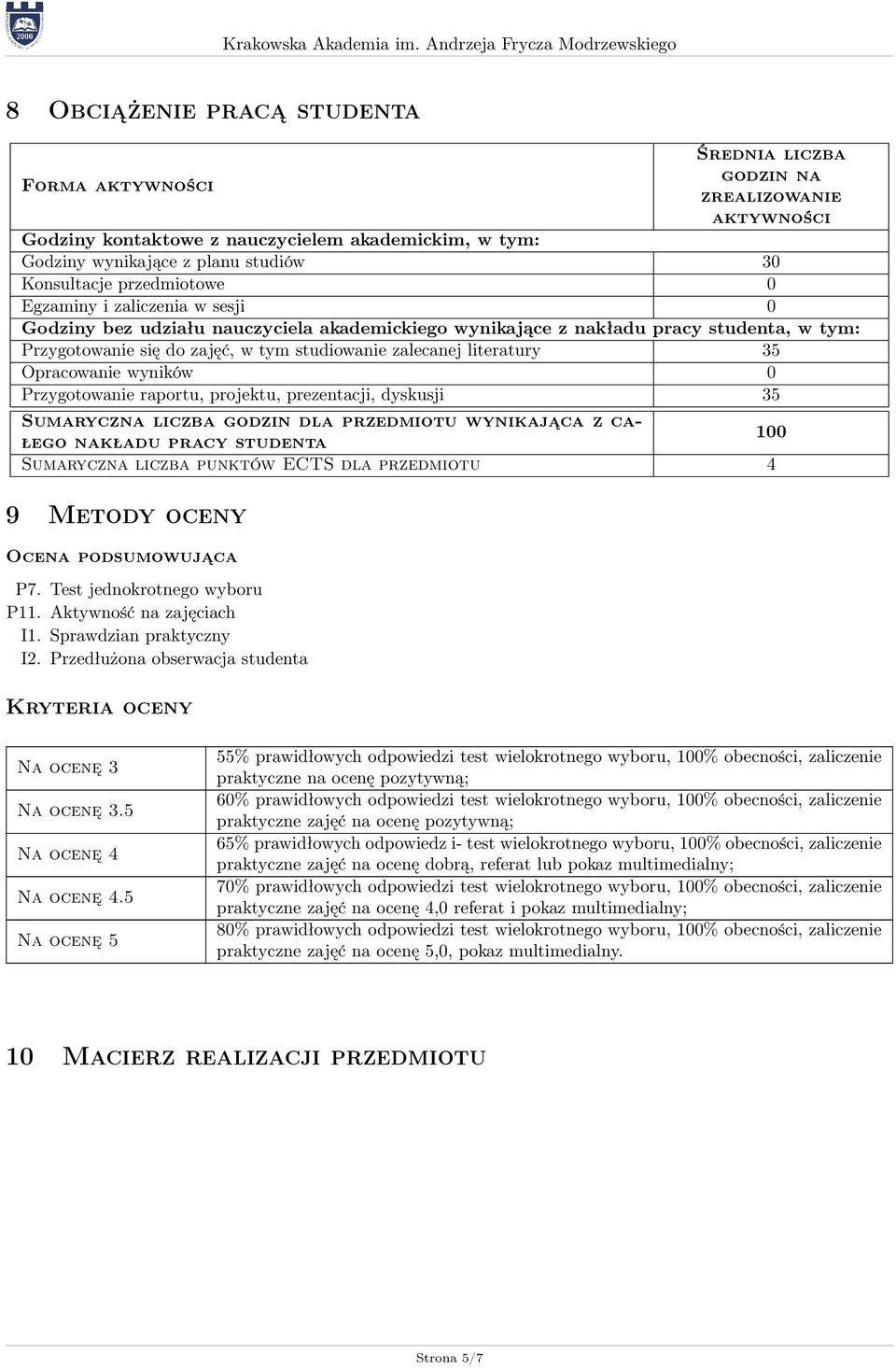 literatury 3 Opracowanie wyników 0 Przygotowanie raportu, projektu, prezentacji, dyskusji 3 Sumaryczna liczba godzin dla przedmiotu wynikająca z całego nakładu pracy studenta 100 Sumaryczna liczba