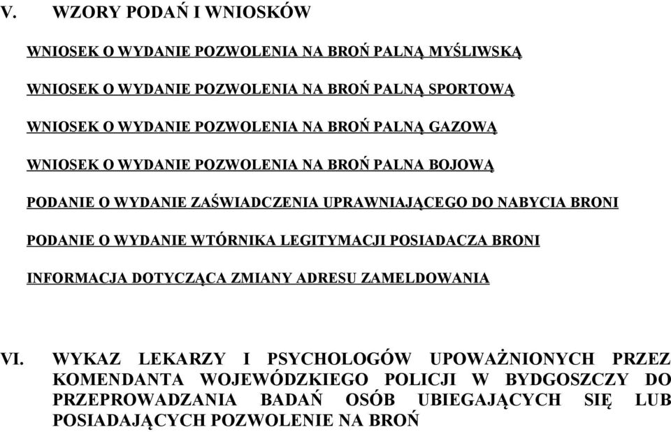NABYCIA BRONI PODANIE O WYDANIE WTÓRNIKA LEGITYMACJI POSIADACZA BRONI INFORMACJA DOTYCZĄCA ZMIANY ADRESU ZAMELDOWANIA VI.