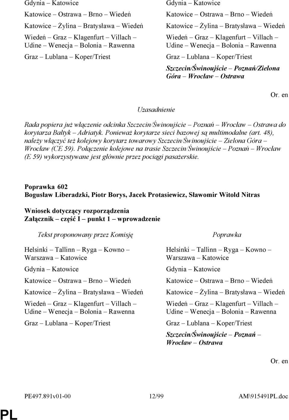 popiera już włączenie odcinka Szczecin/Świnoujście Poznań Wrocław Ostrawa do korytarza Bałtyk Adriatyk. Ponieważ korytarze sieci bazowej są multimodalne (art.