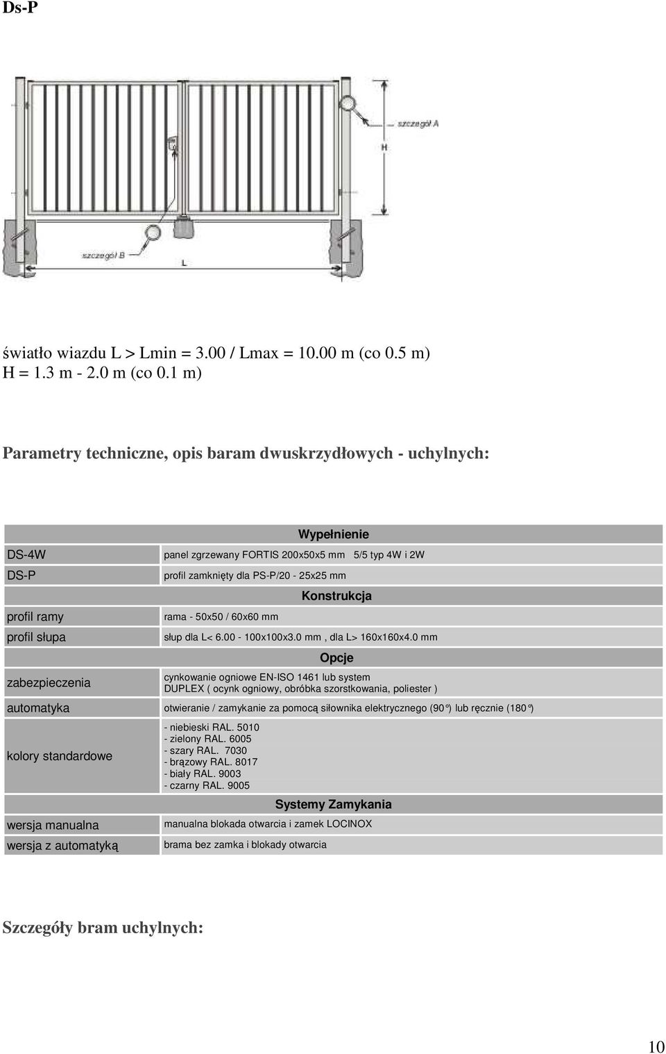 1 m) Parametry techniczne, opis baram dwuskrzydłowych - uchylnych: DS-4W DS-P profil ramy profil słupa zabezpieczenia Wypełnienie panel zgrzewany FORTIS 200x50x5 mm 5/5 typ 4W i 2W profil zamknięty