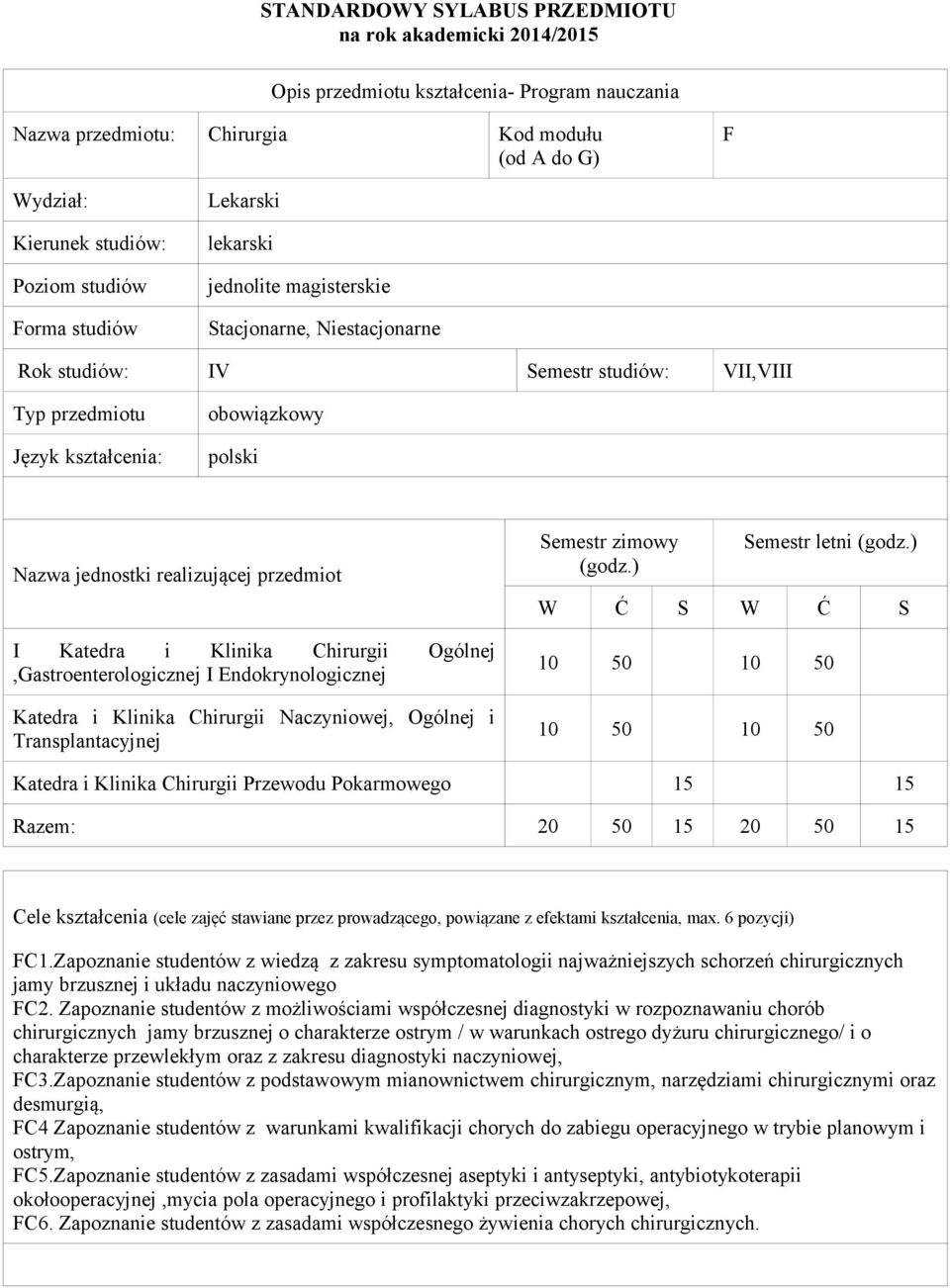 jednostki realizującej przedmiot I Katedra i Klinika Chirurgii Ogólnej, I Endokrynologicznej Katedra i Klinika Chirurgii i Transplantacyjnej Semestr zimowy (godz.) Semestr letni (godz.