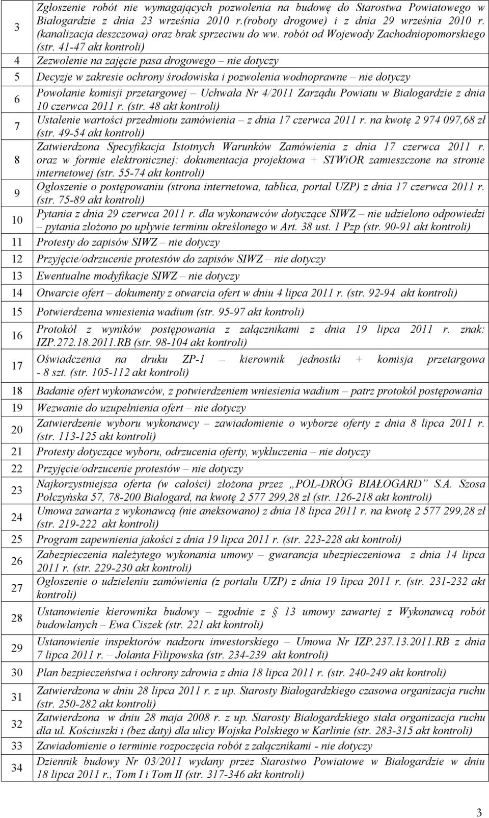 41-47 akt kontroli) 4 Zezwolenie na zajęcie pasa drogowego nie dotyczy 5 Decyzje w zakresie ochrony środowiska i pozwolenia wodnoprawne nie dotyczy Powołanie komisji przetargowej Uchwała Nr 4/2011