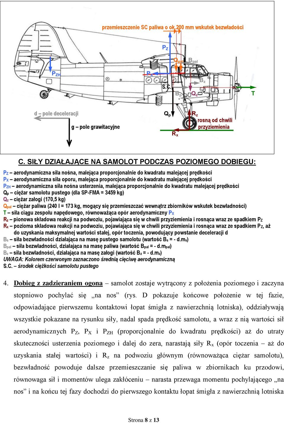 kwadratu malejącej prędkości PZH aerodynamiczna siła nośna usterzenia, malejąca proporcjonalnie do kwadratu malejącej prędkości Qp ciężar samolotu pustego (dla SP-FMA = 3459 kg) Qz ciężar załogi