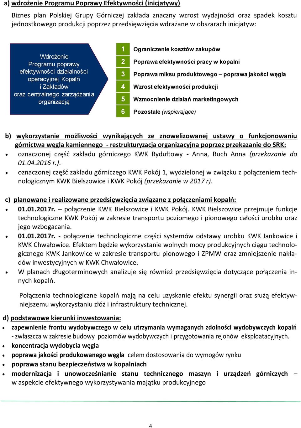 efektywności pracy w kopalni 3 Poprawa miksu produktowego poprawa jakości węgla 4 Wzrost efektywności produkcji 5 Wzmocnienie działań marketingowych 6 Pozostałe (wspierające) b) wykorzystanie