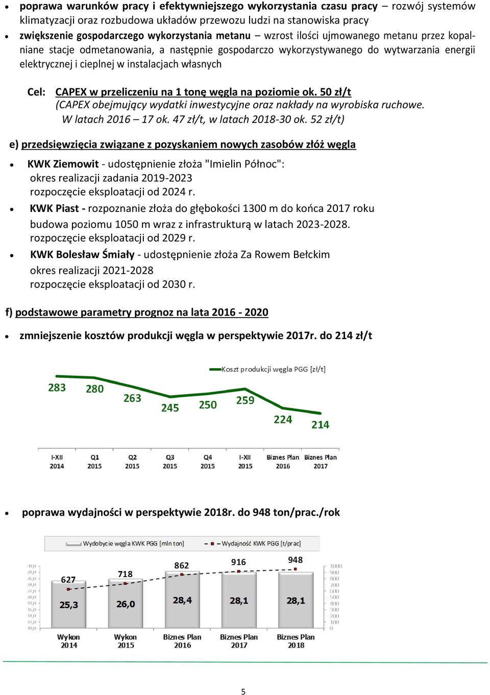 CAPEX w przeliczeniu na 1 tonę węgla na poziomie ok. 50 zł/t (CAPEX obejmujący wydatki inwestycyjne oraz nakłady na wyrobiska ruchowe. W latach 2016 17 ok. 47 zł/t, w latach 2018-30 ok.