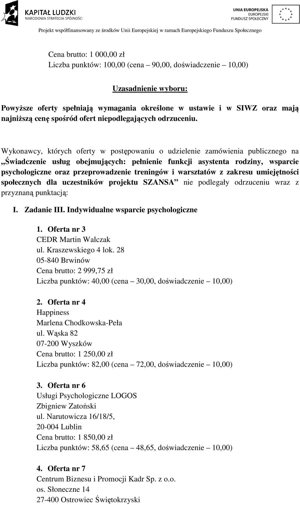 treningów i warsztatów z zakresu umiejętności społecznych dla uczestników projektu SZANSA nie podlegały odrzuceniu wraz z przyznaną punktacją: I. Zadanie III. Indywidualne wsparcie psychologiczne 1.