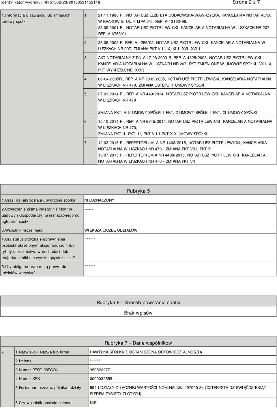 A-6758/01. 2 26.06.2002 R. REP. A-4256/02, NOTARIUSZ PIOTR LEWICKI, KANCELARIA NOTARIALNA W LISZKACH NR 207, ZMIANA PKT VIII, X, XIII, XVI, XVIII; 3 AKT NOTARIALNY Z DNIA 17.06.2003 R. REP. A-4325/2003, NOTARIUSZ PIOTR LEWICKI, KANCELARIA NOTARIALNA W LISZKACH NR 207, PKT ZMIENIONE W UMOWIE SPÓŁKI: VIII, X, PKT WYKREŚLONE: XXII; 4 06-04-2005R.