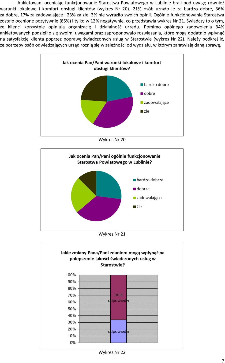 Ogólnie funkcjonowanie Starostwa zostało ocenione pozytywnie (85%) i tylko w 12% negatywnie, co przedstawia wykres Nr 21.