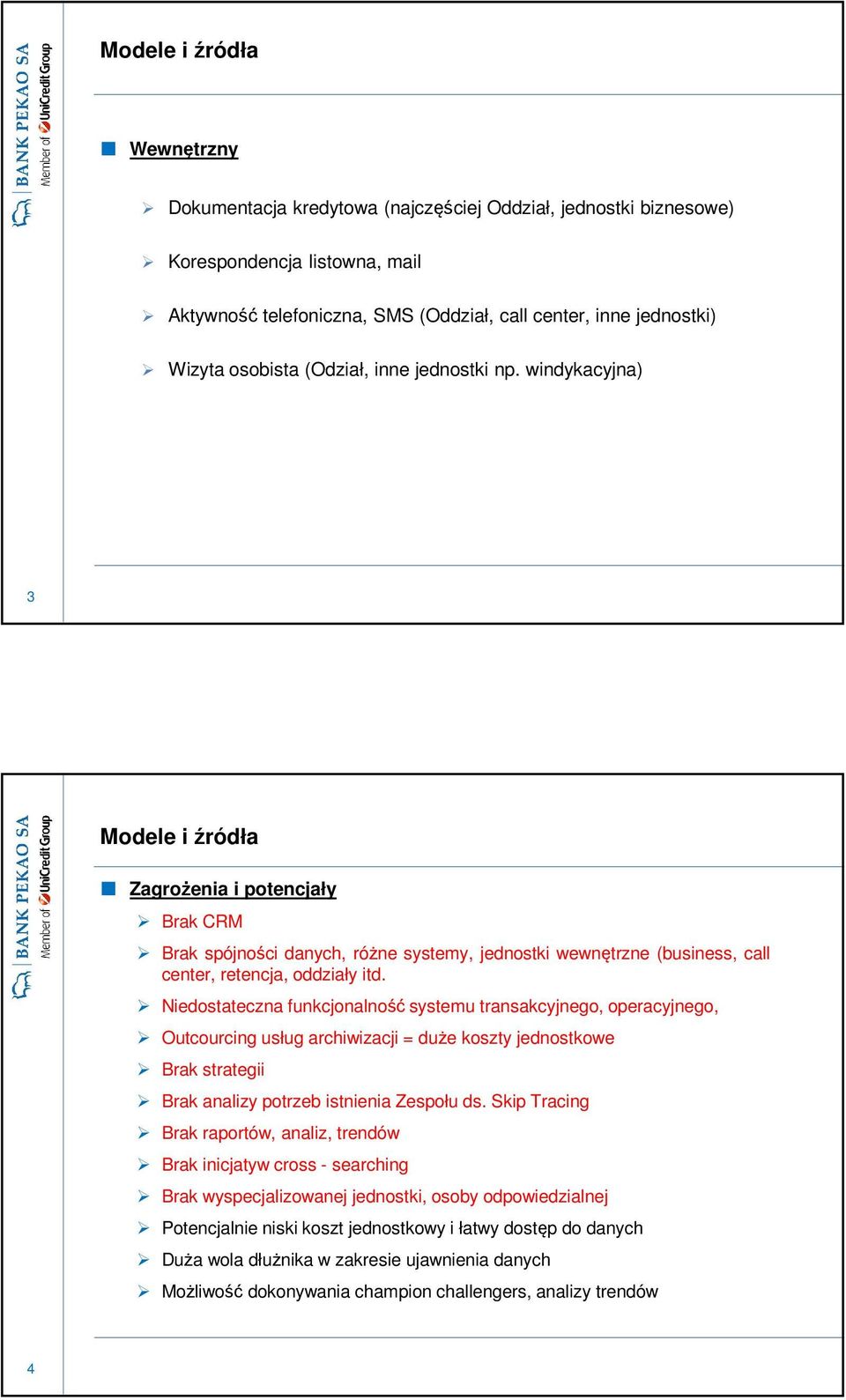 Niedostateczna funkcjonalność systemu transakcyjnego, operacyjnego, Outcourcing usług archiwizacji = duże koszty jednostkowe Brak strategii Brak analizy potrzeb istnienia Zespołu ds.