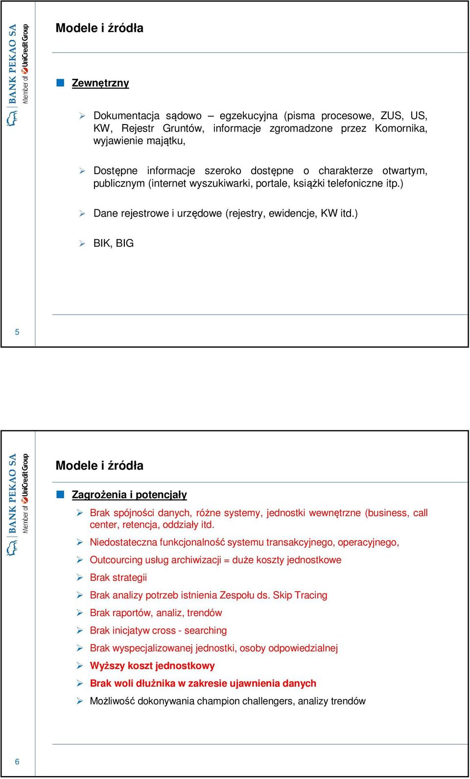 ) BIK, BIG 5 Modele i źródła Zagrożenia i potencjały Brak spójności danych, różne systemy, jednostki wewnętrzne (business, call center, retencja, oddziały itd.