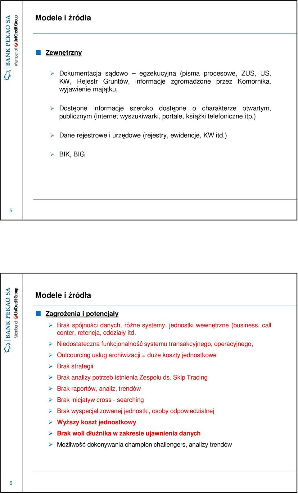 ) BIK, BIG 5 Modele i źródła Zagrożenia i potencjały Brak spójności danych, różne systemy, jednostki wewnętrzne (business, call center, retencja, oddziały itd.