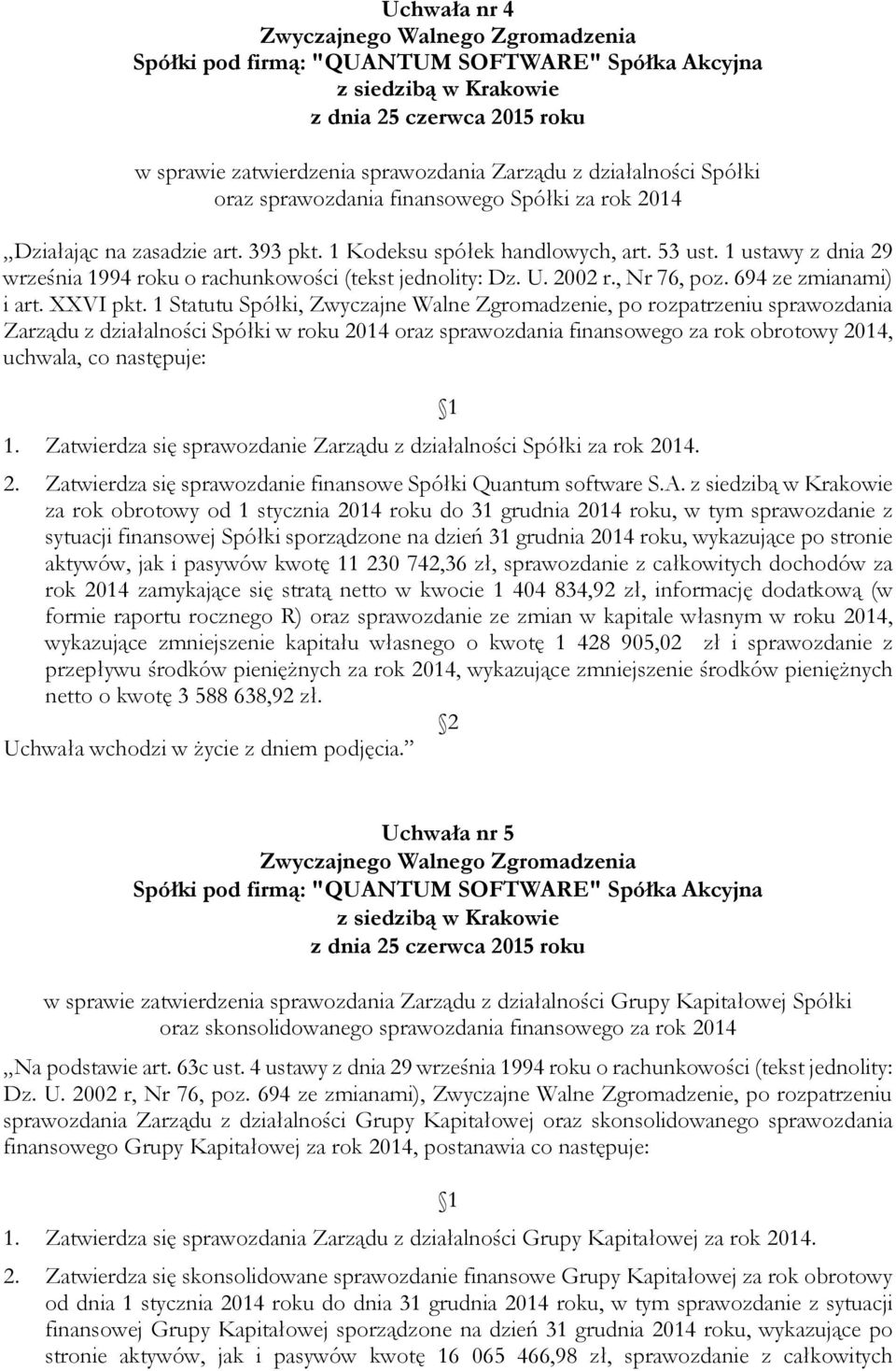 1 Statutu Spółki, Zwyczajne Walne Zgromadzenie, po rozpatrzeniu sprawozdania Zarządu z działalności Spółki w roku 2014 oraz sprawozdania finansowego za rok obrotowy 2014, uchwala, co następuje: 1.