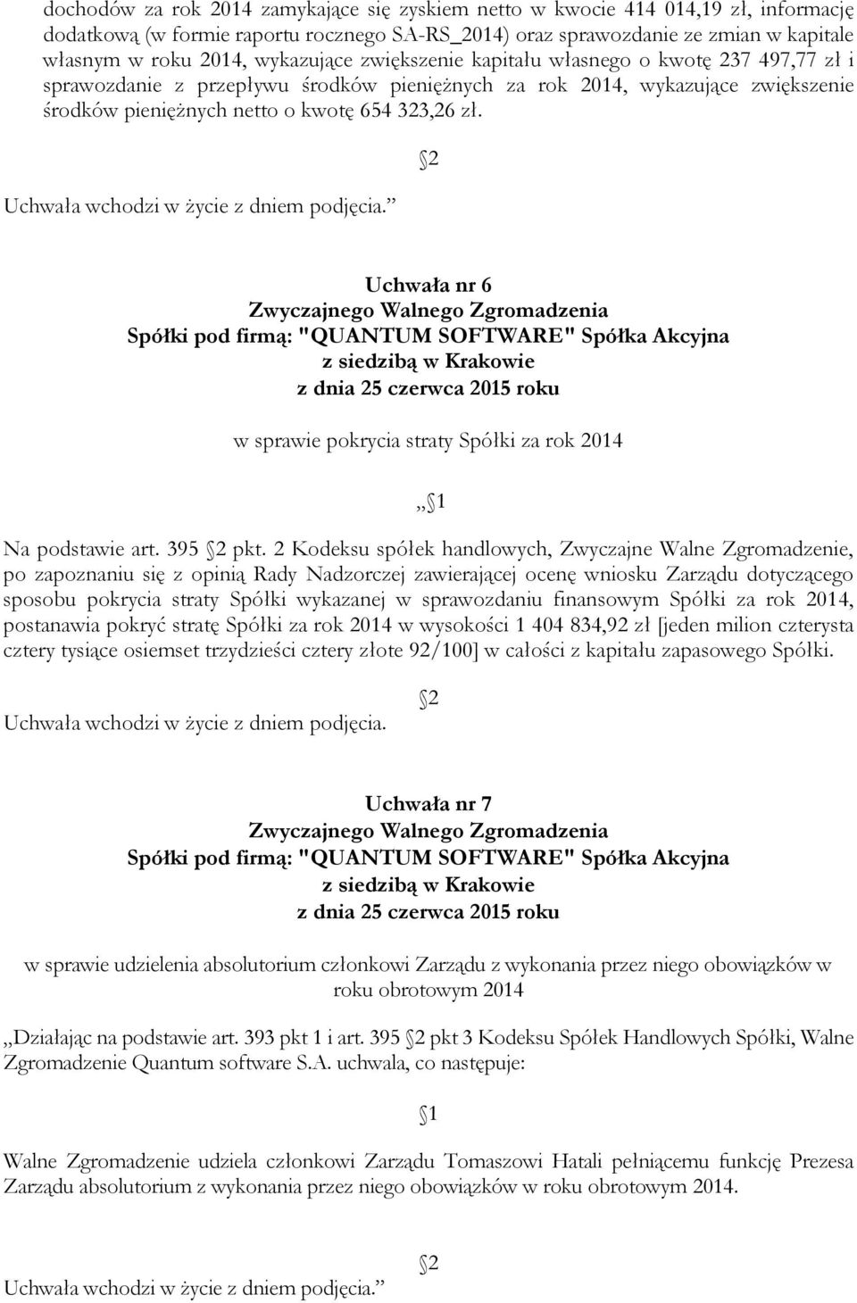 Uchwała nr 6 w sprawie pokrycia straty Spółki za rok 2014 Na podstawie art. 395 pkt.