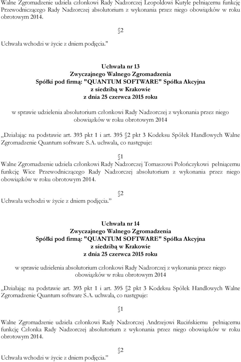 " Uchwała nr 13 w sprawie udzielenia absolutorium członkowi Rady Nadzorczej z wykonania przez niego obowiązków w roku obrotowym 2014 Działając na podstawie art. 393 pkt 1 i art.