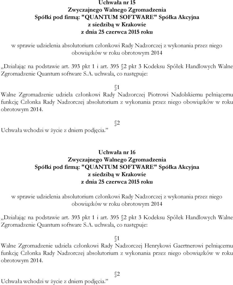 obowiązków w roku obrotowym 2014. Uchwała nr 16 w sprawie udzielenia absolutorium członkowi Rady Nadzorczej z wykonania przez niego obowiązków w roku obrotowym 2014 Działając na podstawie art.