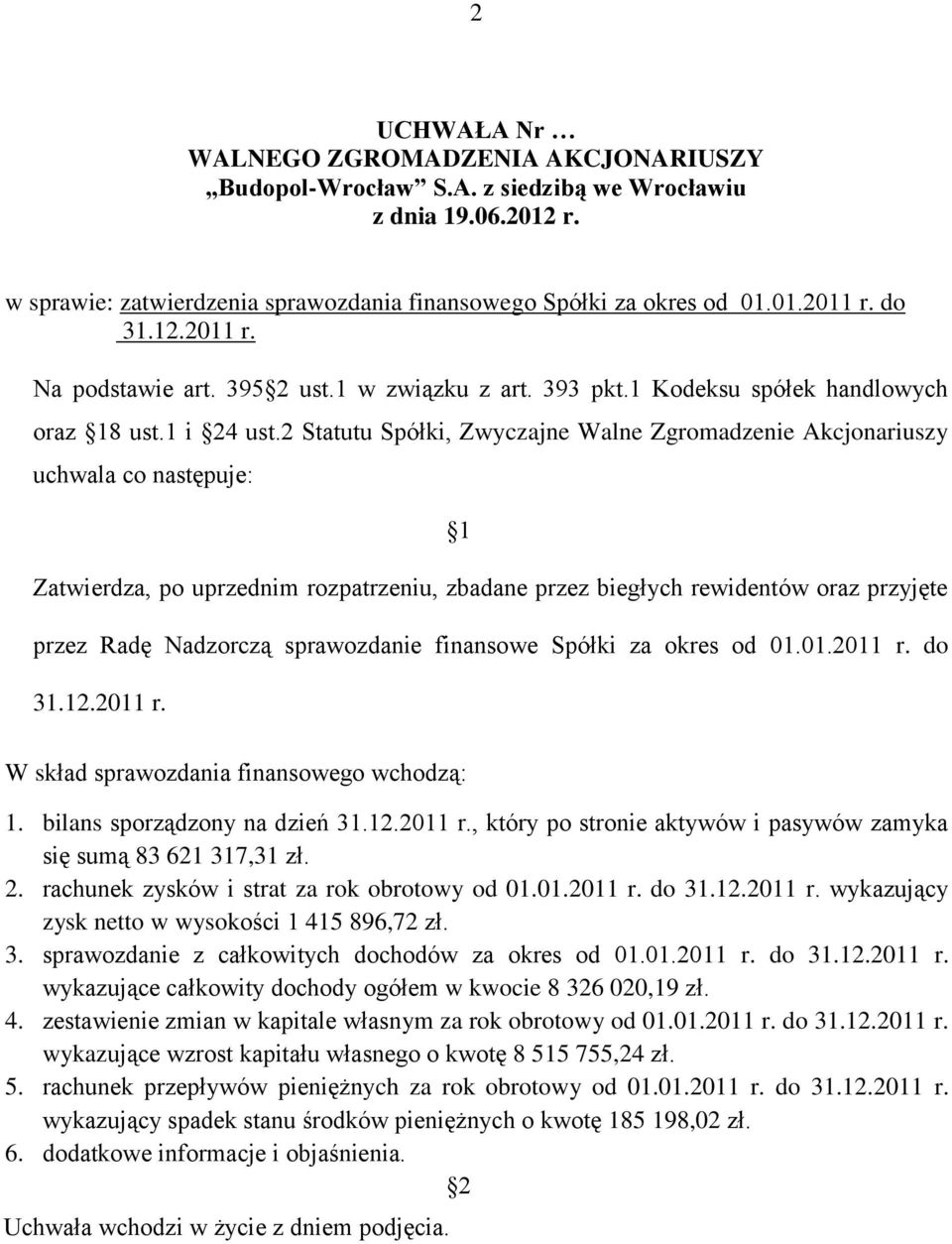 2 Statutu Spółki, Zwyczajne Walne Zgromadzenie Akcjonariuszy uchwala co następuje: Zatwierdza, po uprzednim rozpatrzeniu, zbadane przez biegłych rewidentów oraz przyjęte przez Radę Nadzorczą
