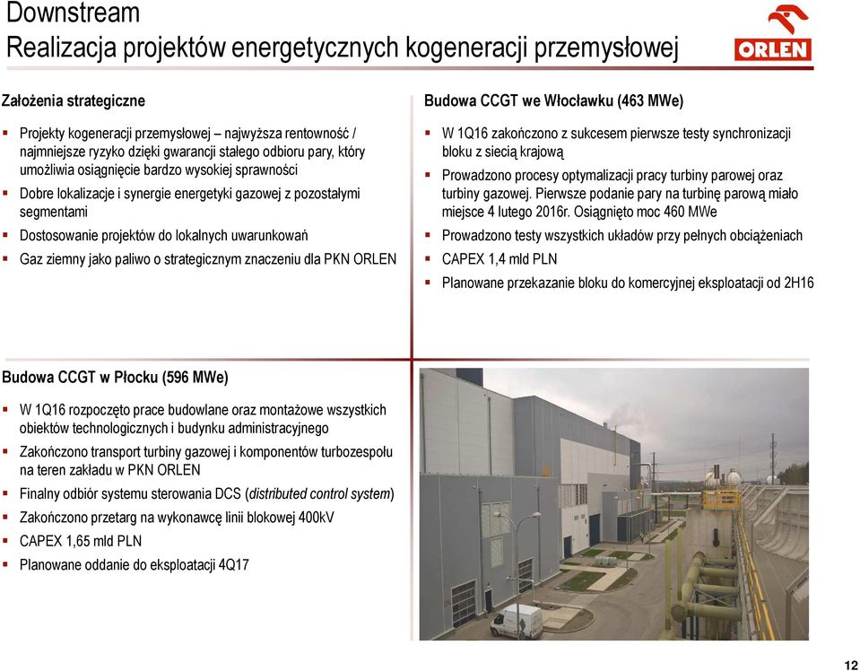 ziemny jako paliwo o strategicznym znaczeniu dla PKN ORLEN Budowa CCGT we Włocławku (463 MWe) W zakończono z sukcesem pierwsze testy synchronizacji bloku z siecią krajową Prowadzono procesy
