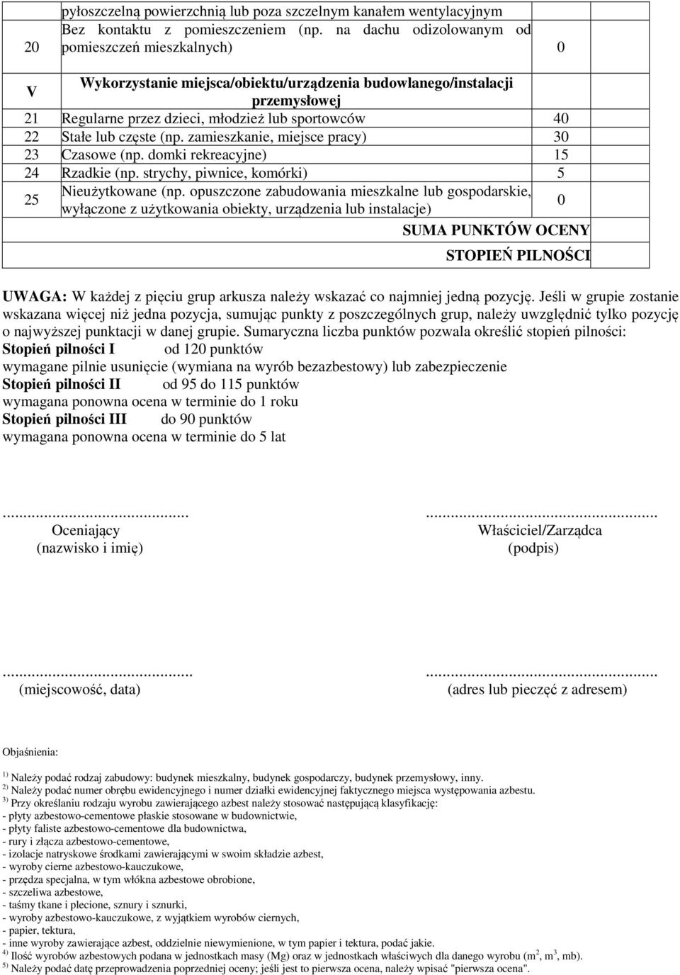 częste (np. zamieszkanie, miejsce pracy) 30 23 Czasowe (np. domki rekreacyjne) 15 24 Rzadkie (np. strychy, piwnice, komórki) 5 25 Nieużytkowane (np.