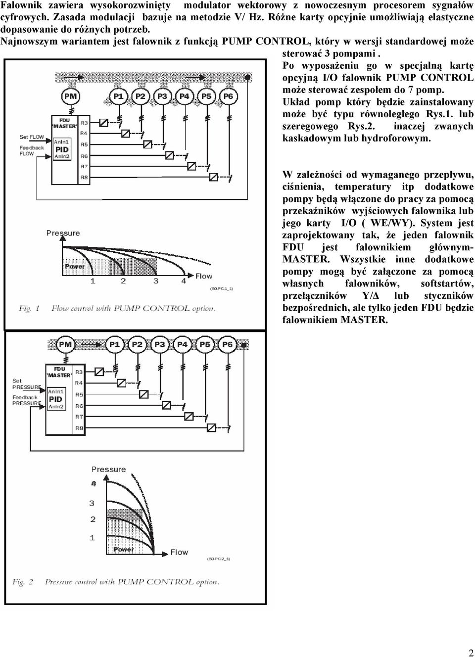 Po wyposażeniu go w specjalną kartę opcyjną I/O falownik PUMP CONTROL może sterować zespołem do 7 pomp. Układ pomp który będzie zainstalowany może być typu równoległego Rys.1. lub szeregowego Rys.2.