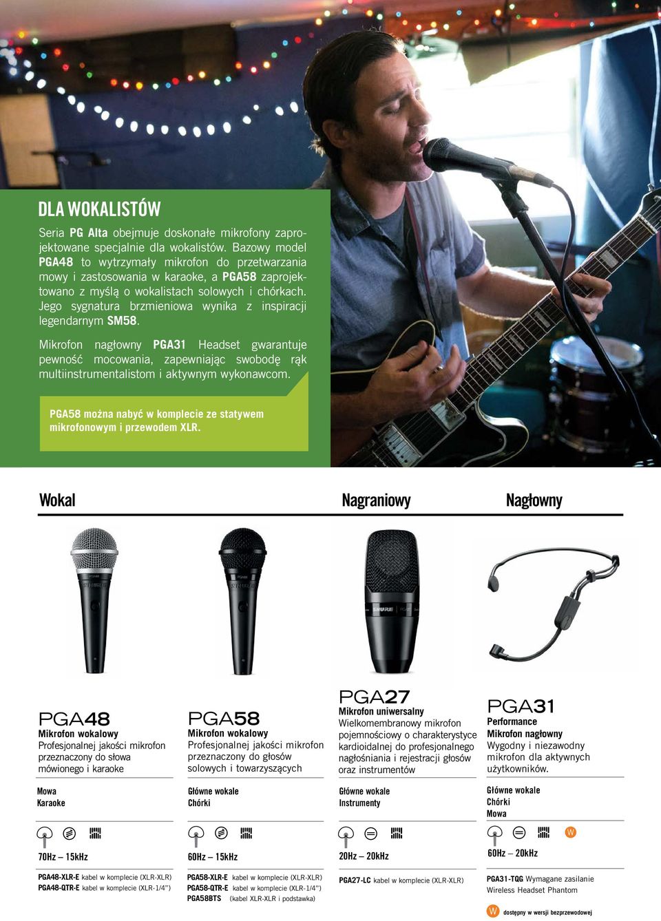 Jego sygnatura brzmieniowa wynika z inspiracji legendarnym SM58. Mikrofon nagłowny PGA31 Headset gwarantuje pewność mocowania, zapewniając swobodę rąk multiinstrumentalistom i aktywnym wykonawcom.