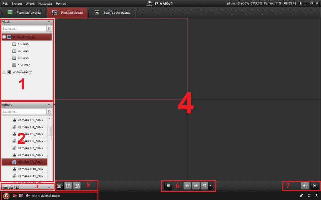 podglądu na żywo. 4.2 Okno podglądu głównego. 1. Menu widoków 2. Menu kamer 3.