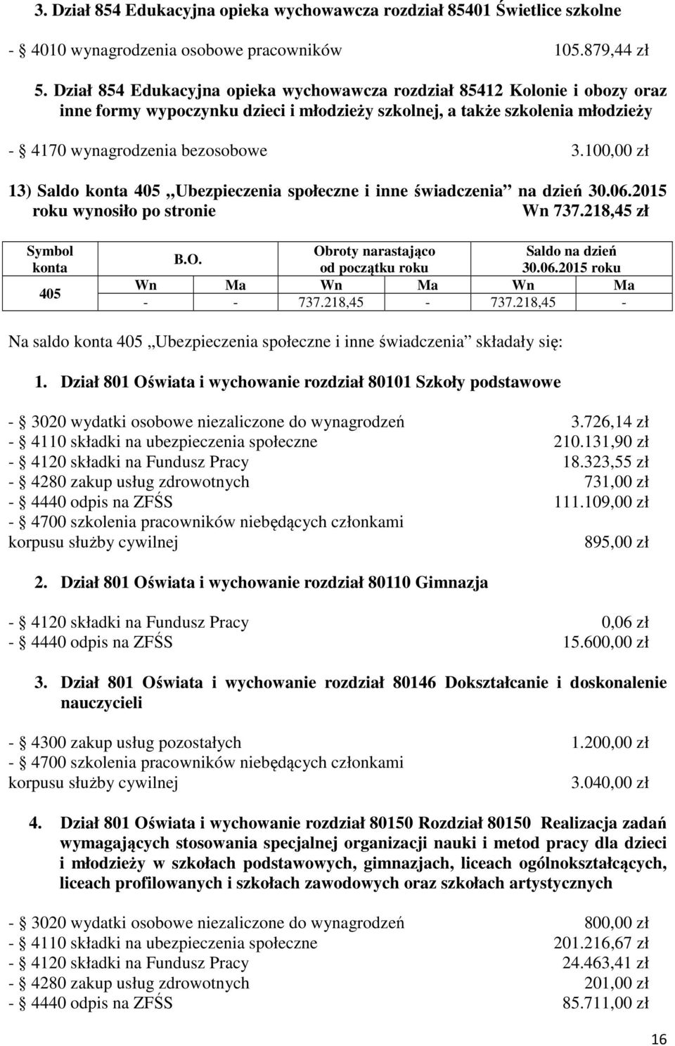 100,00 zł 13) Saldo konta 405 Ubezpieczenia społeczne i inne świadczenia na dzień 30.06.2015 roku wynosiło po stronie Wn 737.218,45 zł Symbol konta 405 B.O.