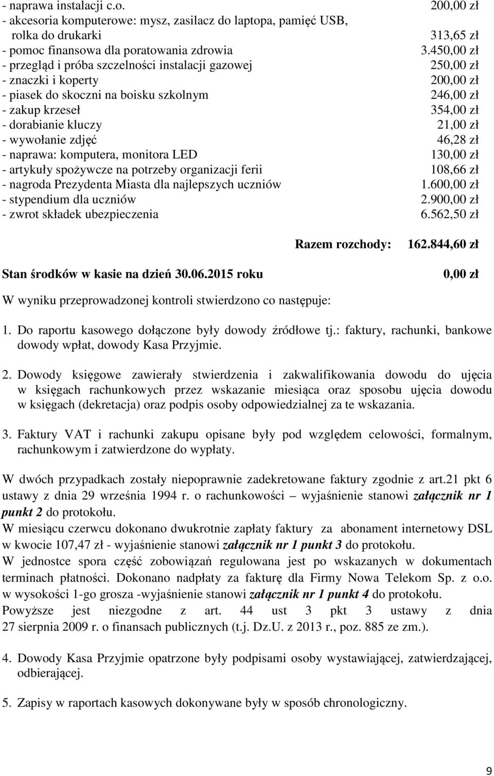 21,00 zł - wywołanie zdjęć 46,28 zł - naprawa: komputera, monitora LED 130,00 zł - artykuły spożywcze na potrzeby organizacji ferii 108,66 zł - nagroda Prezydenta Miasta dla najlepszych uczniów 1.
