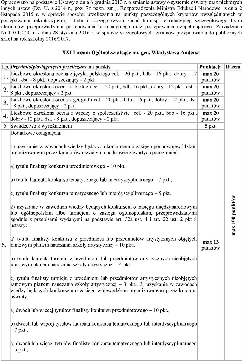 przeprowadzania postępowania rekrutacyjnego oraz postępowania uzupełniającego, Zarządzenia Nr 110.1.4.2016 z dnia 28 stycznia 2016 r.