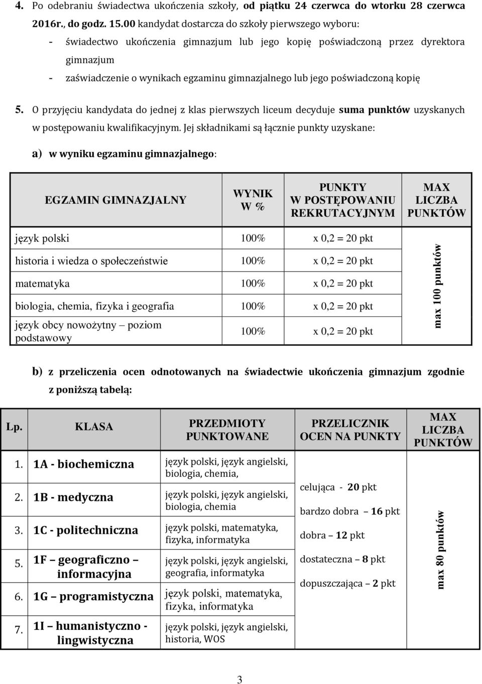 poświadczoną kopię 5. O przyjęciu kandydata do jednej z klas pierwszych liceum decyduje suma punktów uzyskanych w postępowaniu kwalifikacyjnym.