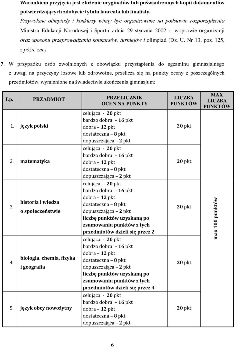 w sprawie organizacji oraz sposobu przeprowadzania konkursów, turniejów i olimpiad (Dz. U. Nr 13, poz. 125, z późn. zm.). 7.