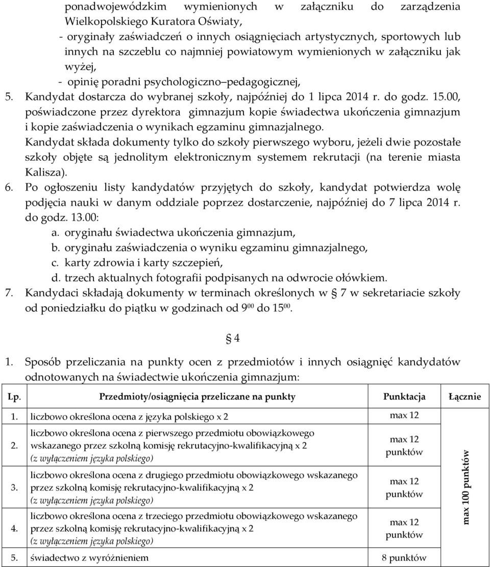 00, poświadczone przez dyrektora gimnazjum kopie świadectwa ukończenia gimnazjum i kopie zaświadczenia o wynikach egzaminu gimnazjalnego.