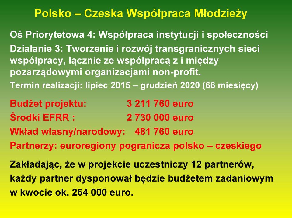 Termin realizacji: lipiec 2015 grudzień 2020 (66 miesięcy) Budżet projektu: Środki EFRR : 3 211 760 euro 2 730 000 euro Wkład własny/narodowy: