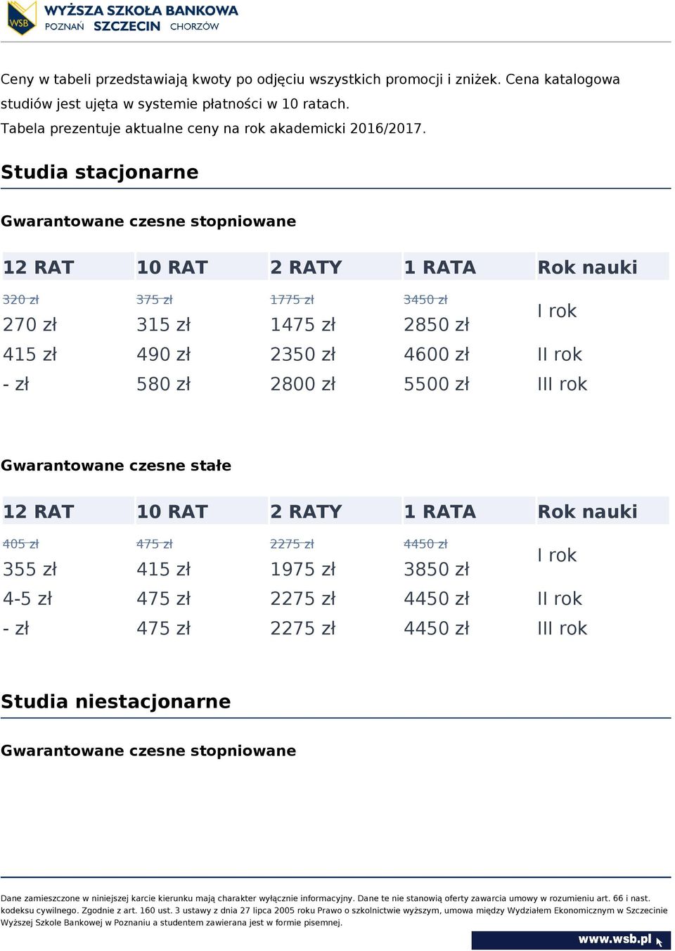 Studia stacjonarne Gwarantowane czesne stopniowane 12 RAT 10 RAT 2 RATY 1 RATA Rok nauki 320 zł 375 zł 1775 zł 3450 zł 270 zł 315 zł 1 2850 zł 415 zł 490