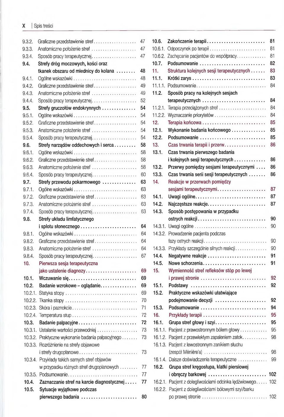 .. 9.5.2. Graficzne przedstawienie stref... 9.5.3. Anatomiczne położenie stref... 9.5.4. Sposób pracy terapeutycznej... 9.6. Strefy narządów oddechowych i serca... 9.6.1. Ogólne wskazówki... 9.6.2. Graficzne przedstawienie stref... 9.6.3. Anatomiczne położenie stref... 9.6.4. Sposób pracy terapeutycznej... 9.7.