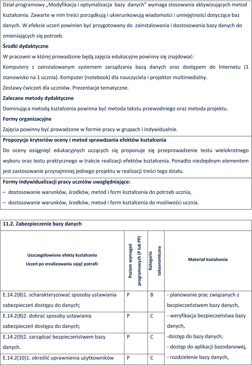 W efekcie uczeń powinien być przygotowany do zainstalowania i dostosowania bazy danych do zmieniających się potrzeb.